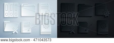 Set Blank Notebook And Pen, Document Settings With Gears, Delete Folder, User Manual, And Office Fol