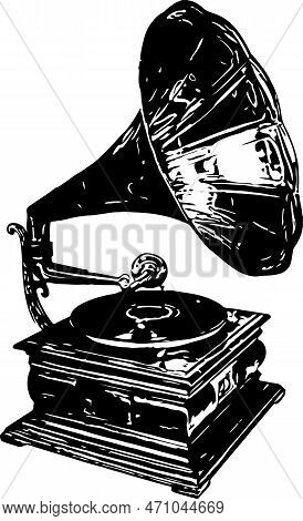 Retro Old Music Player, Silhouette Of Vintage Music Disk Player, Line Art Illustration Of Vintage Re