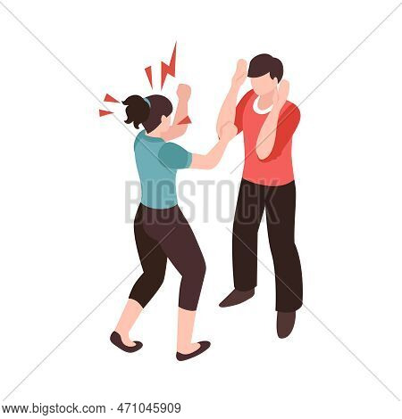 Isometric Partners Husband Wife Conflict Quarreling Family Domestic Abuse Composition Vector Illustr