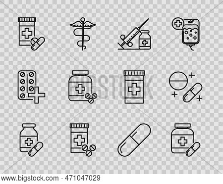 Set Line Medicine Bottle And Pills, Medical Syringe With Needle Vial Or Ampoule, Tablet And Icon. Ve