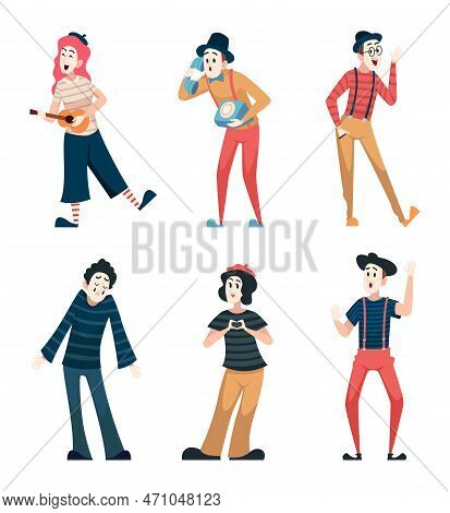Mime Actors. Traditional Comedy Street Artists Theatre Performance Funny Show Exact Vector Character