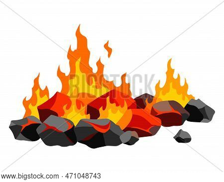 Burning Coal. Realistic Bright Flame Fire On Coals Heap. Closeup Vector Illustration For Grill Blaze