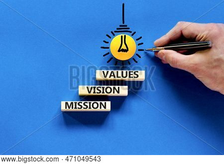 Mission Vision Values Symbol. Concept Words Mission Vision Values On Wooden Blocks On A Beautiful Bl