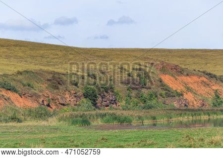 Steep Red Clay Shores Of The Lake In Summer. Herons Hunt Fish In Shallow Water In Reed Beds