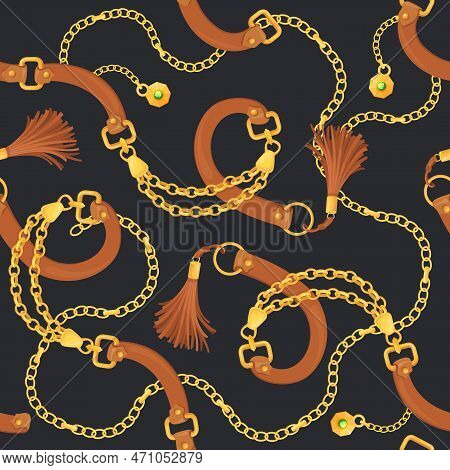 Belts Chains Pattern. Belt And Jewelry Chain Prints Seamless Background, Leather Jewelry Scarf Embro