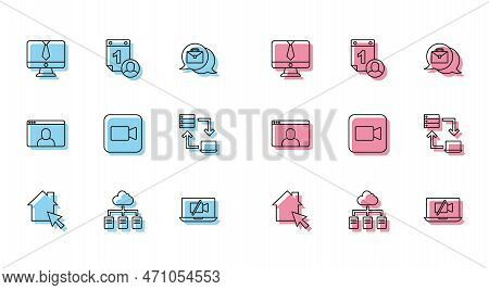 Set Line Online Working, Video Chat Conference, Camera Off Laptop, Camera, And Time Management Icon.