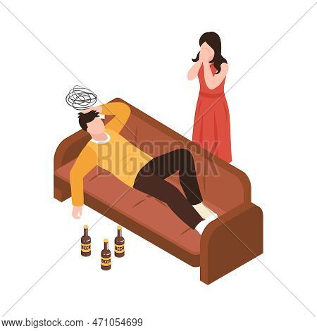 Isometric Partners Husband Wife Conflict Quarreling Family Domestic Abuse Composition Vector Illustr
