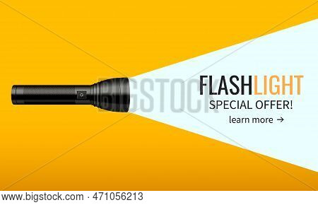 Flashlight Ad Web Banner With Side View Of Realistic Device And Text In Light Beam Vector Illustrati