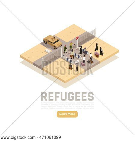 Refugees Asylum Seekers Migrants Border Crossing Between Conflict War Zone And Safe Area Isometric C