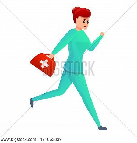 Nurse Running With First Aid Kit Icon. Cartoon Of Nurse Running With First Aid Kit Icon For Web Desi