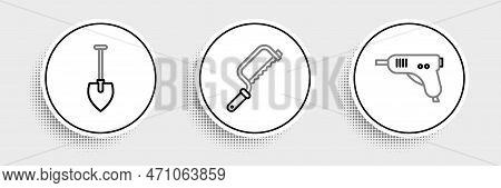 Set Line Electric Hot Glue Gun, Shovel And Hacksaw Icon. Vector