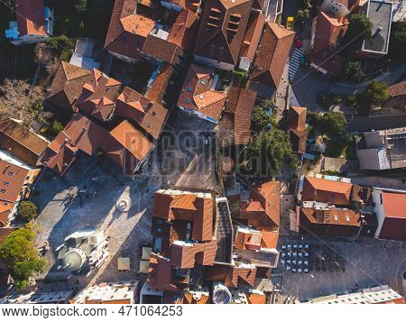 Herceg Novi Town And Kotor Bay, Aerial Drone View Of Herzeg Novi Panorama, Montenegro, With Old Town