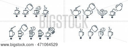 Tea, Coffee Making, Brew Process Icons. Hot Drink Brew