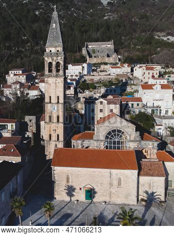 Perast, Montenegro, Beautiful Aerial Top Panoramic View Of Perast Old Town With St. Nikola Church, W