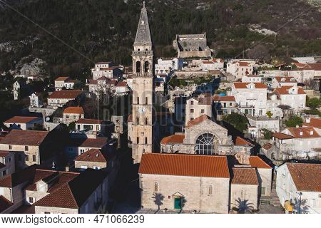 Perast, Montenegro, Beautiful Aerial Top Panoramic View Of Perast Old Town With St. Nikola Church, W