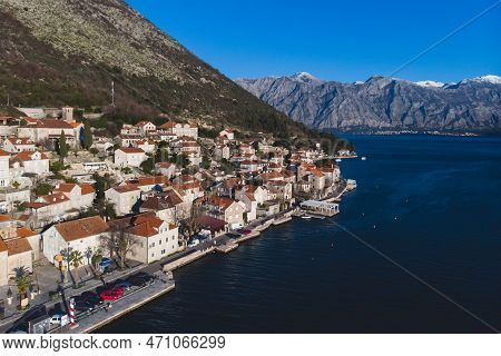 Perast, Montenegro, Beautiful Aerial Top Panoramic View Of Perast Old Town With St. Nikola Church, W