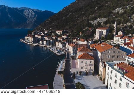 Perast, Montenegro, Beautiful Aerial Top Panoramic View Of Perast Old Town With St. Nikola Church, W