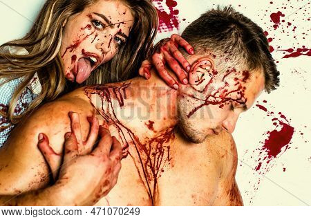 Couple On Bloody Background. Animal Instinct. Donation And Donar. Couple In Blood. Terrifying Zombie