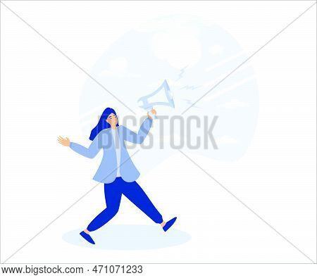 Female Leadership Or Message Concept, Businesswoman Speak Out On Megaphone With Big Speech Bubble. F