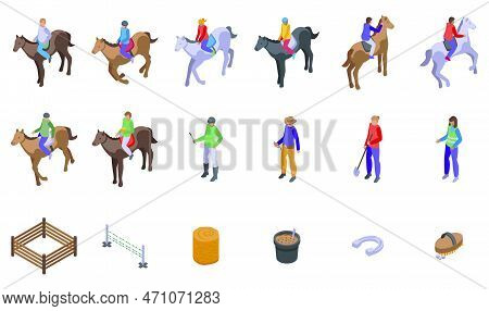 Hippotherapy Icons Set Isometric Vector. Horse Hobby. Veterinary Animal