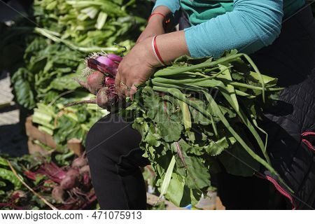 Unrecognizable Person Arranging A Bundle Of Fresh Agroecological Organic Beets And Green Onions From