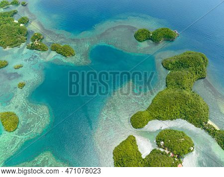 Top View Of Tropical Islands In A Beautiful Bay With Turquoise Water And Lagoon. Sipalay, Negros, Ph