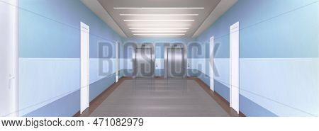 Blue Corridor In Empty Office Building Realistic, Two Metal Elevator, White Doors. Hallway Inside Ho