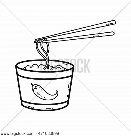 Korean Instant Noodles. Fast Food. Vector Doodle Illustration. National Dish. Icon. Japanese Chopsti