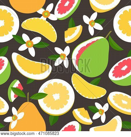 Pomelo Seamless Pattern. Green And Yellow Pomelos Fruits With Pink Pulp Background, Fresh Ripe Shadd