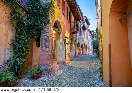 Treviso, Italy. Cityscape Image Of Colorful Street Located In Old Town Treviso, Italy At Sunset.