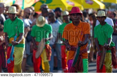 Saint-gilles Les Bains, La Réunion - June 25 2017: Group Of Young Percussionist Parading During The 