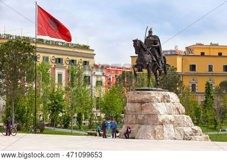 Tirana, Albania - April 24 2019: The Skanderbeg Monument Is A Monument In The Skanderbeg Square Comm