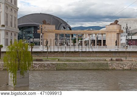 Skopje, North Macedonia - May 20 2019: The Independent Macedonia Colonnade Opposite Vardar River Wit