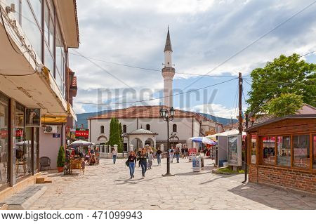 Skopje, North Macedonia - May 20 2019: Street On The Old Town Heading To Murat Pasha Mosque (Мурат П