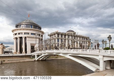 Skopje, North Mecedonia - May 20 2019: Art Bridge Crossing The Vardat River With The Public Prosecut