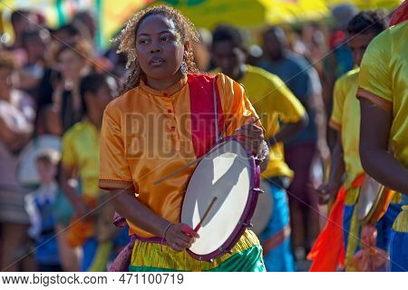 Saint-gilles Les Bains, La Réunion - June 25 2017: Percussionist Playing With A Frame Drum During Th
