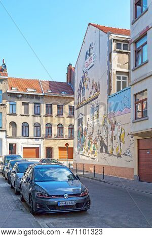 Brussels, Belgium - July 02 2019: The Lucky Luke Wall Is Located 