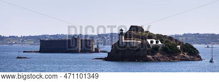 Carantec, France - July 18 2021: Panoramic View Of The Louët Island (in Carantec) And The Château Du