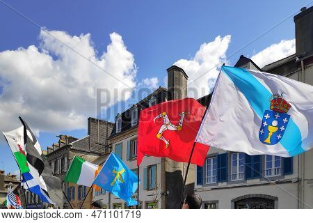 Landerneau, France - April 03 2022: Flags Of The Celtic Nations From A Celtic Themed Float Of The Ca
