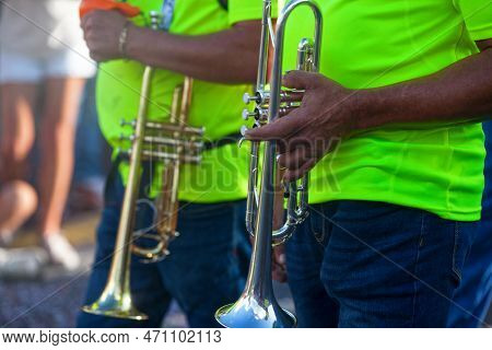 Saint-gilles Les Bains, La Réunion - June 25 2017: Two Trumpet Players Playing During The Carnival O