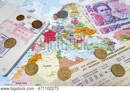Kiev, Ukraine - February 19 2019: Composition Made Of A World Map Centered In Europe With On It, Som