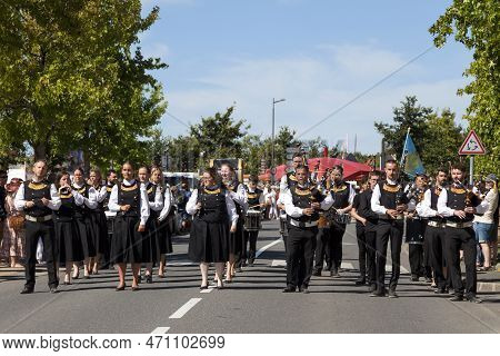 Landerneau, France - July 10 2022: Musicians Of The Bagad Ar Meilhoù Glaz From Quimper During The Ka