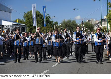 Quimper, France - July 24 2022: Musicians Of The Bagad Ergué-armel During The Cornouaille Festival.