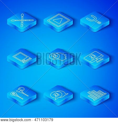 Set Line Air Headphones, Musical Note In Human, Speech Bubble, Computer With Music, Tuning Fork, Voi