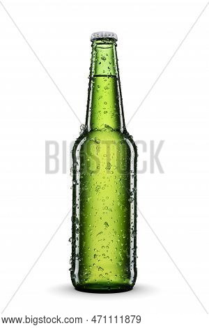Cold Beer In A Green Long Neck Bottle Without Label Isolated On White Background.