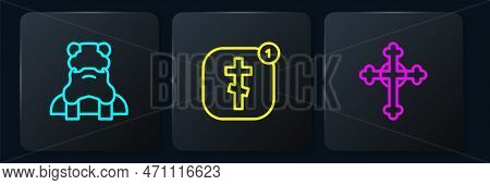 Set Line Priest, Christian Cross And Online Church Pastor Preaching. Black Square Button. Vector