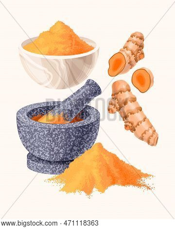 Big Vector Set Of Turmeric Root And Pouder