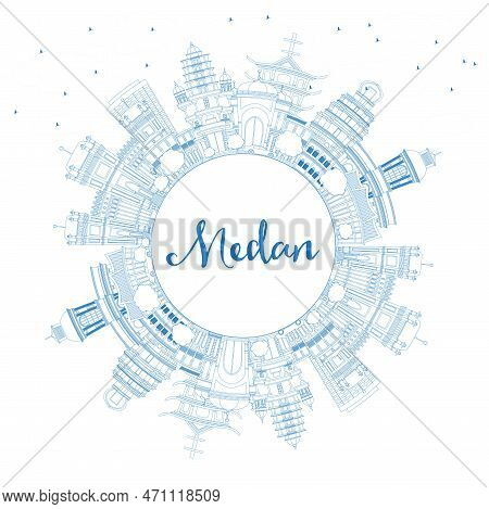 Outline Medan Indonesia City Skyline With Blue Buildings And Copy Space. Vector Illustration. Busine