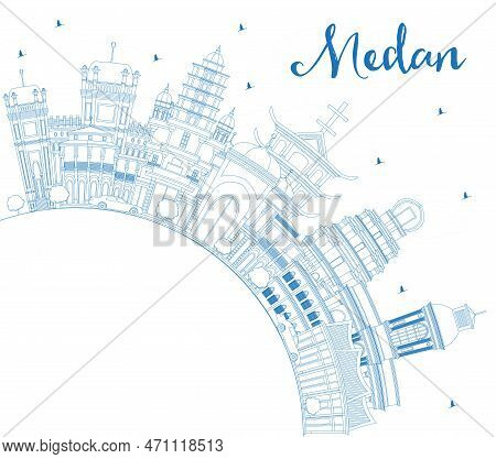 Outline Medan Indonesia City Skyline With Blue Buildings And Copy Space. Vector Illustration. Busine