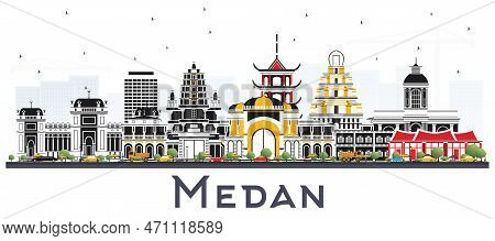 Medan Indonesia City Skyline With Color Buildings Isolated On White. Vector Illustration. Business T